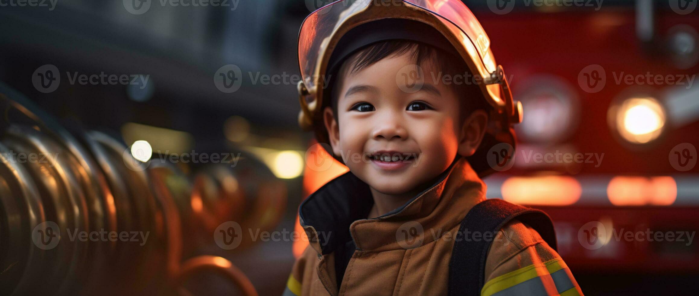 Portrait of happy asian boy wearing firefighter uniform with fire truck in background AI generated photo