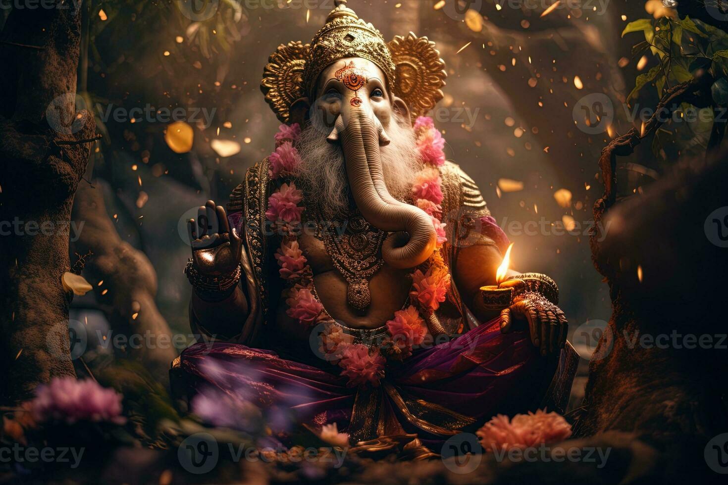 Hindu God Ganesha with flowers AI generated photo