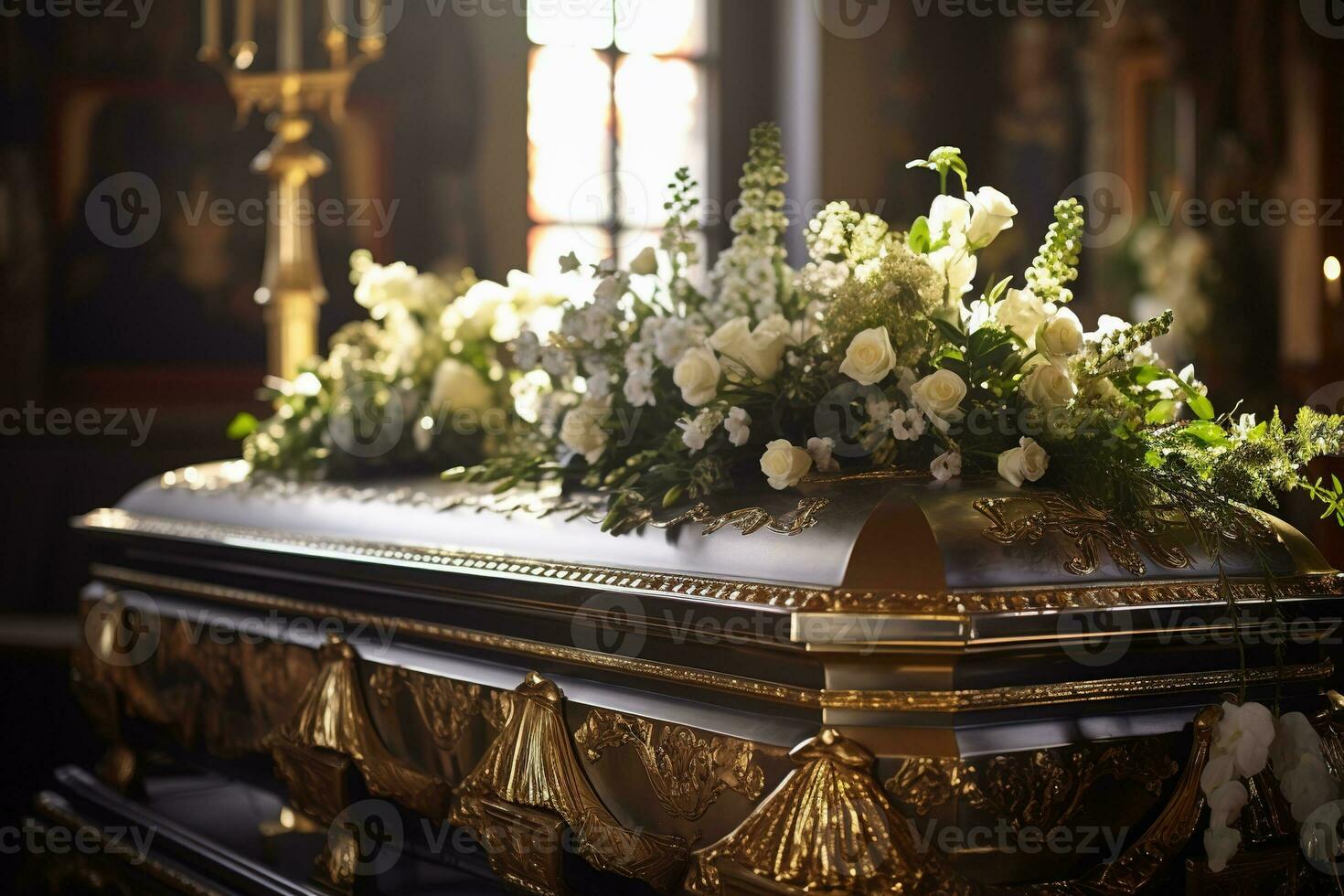closeup shot of a casket in a hearse or chapel before funeral or burial at cemetery AI generated photo