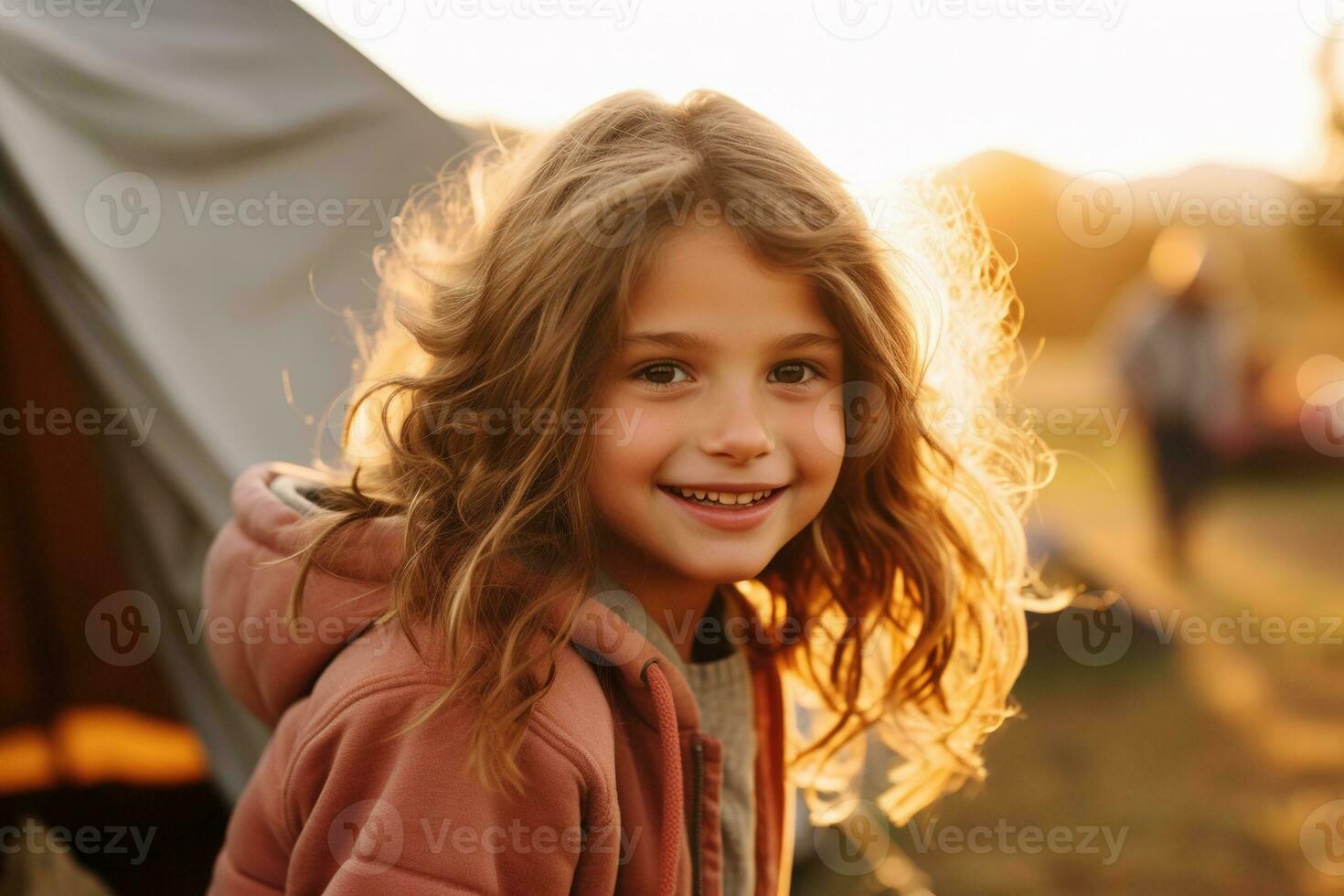 Portrait of cute little girl at camera while standing near camping tent at sunset AI generated photo