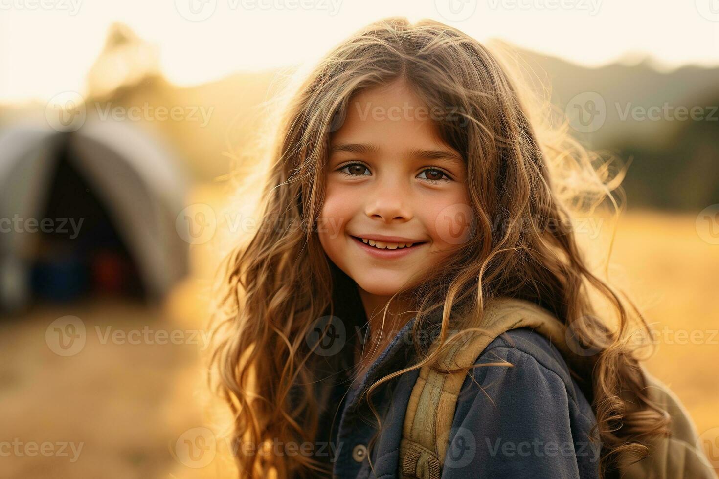 Portrait of cute little girl at camera while standing near camping tent at sunset AI generated photo