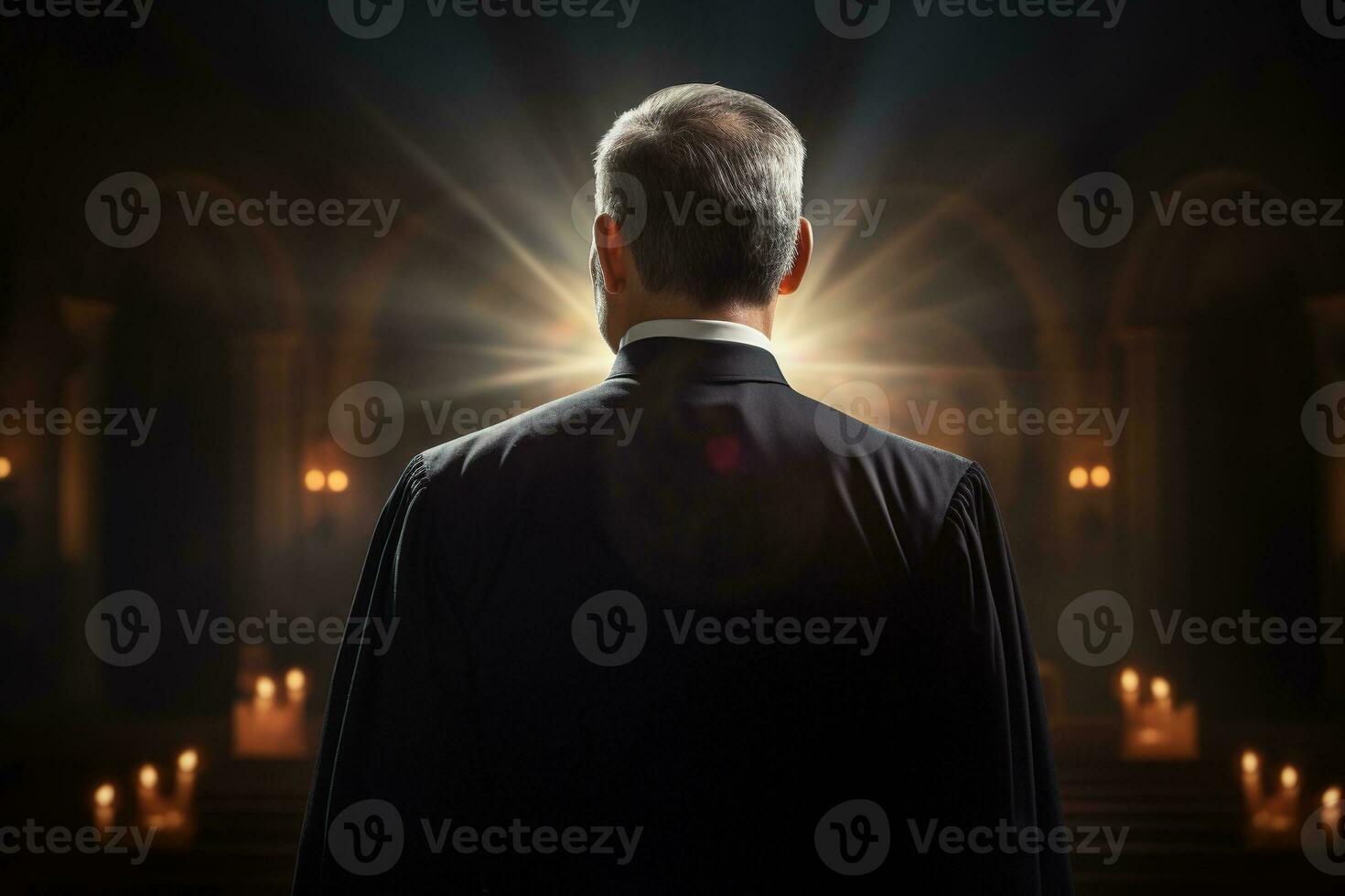 Rear view of priest looking at church interior. Religion concept. AI generated photo