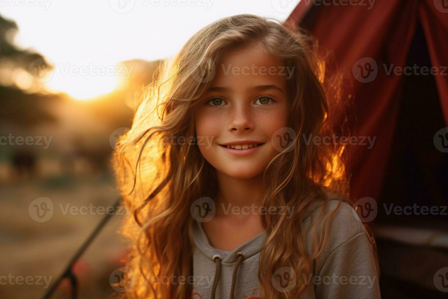 Portrait of cute little girl at camera while standing near camping tent at sunset AI generated photo