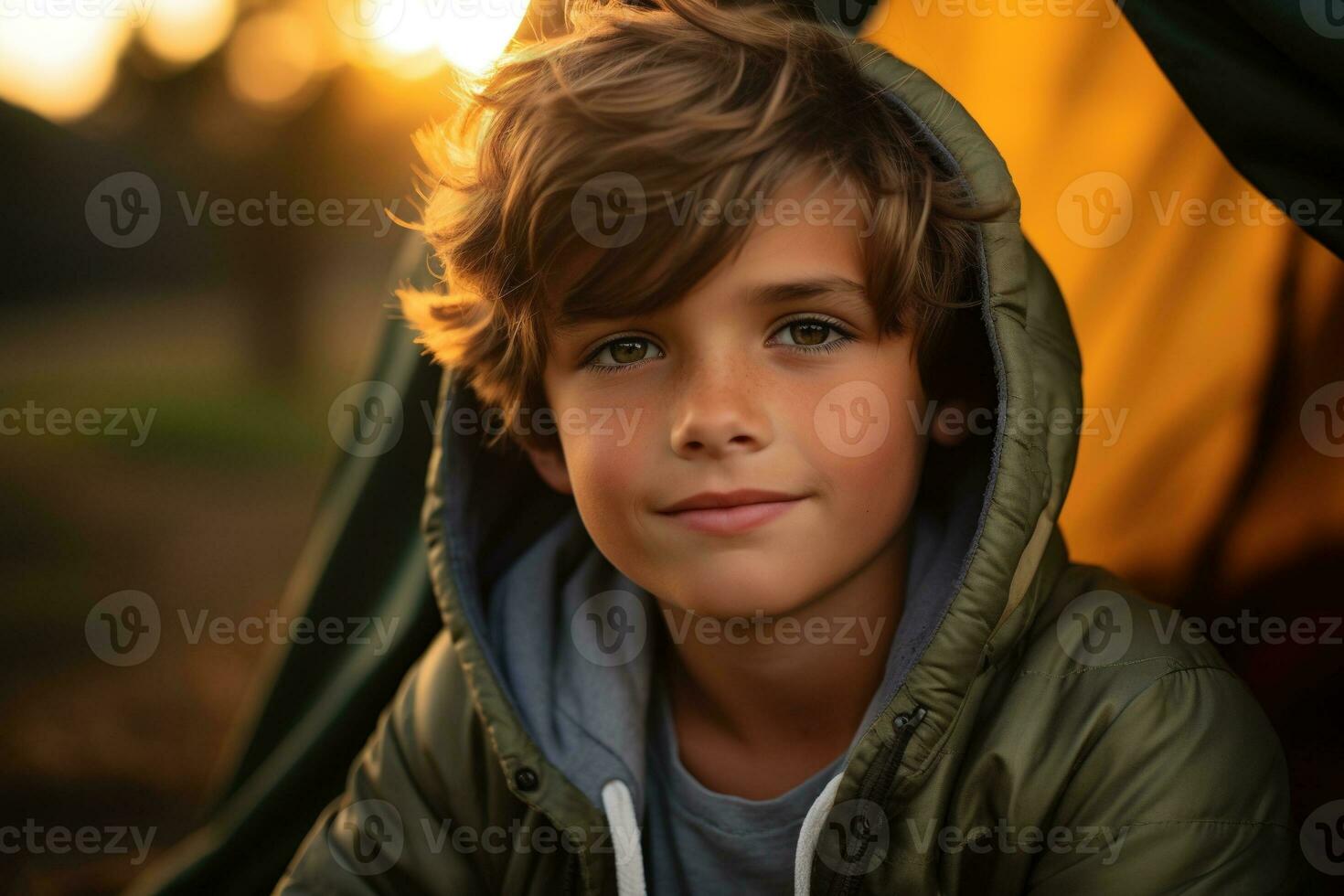 Portrait of a cute boy looking at camera while near his tent in nature AI generated photo