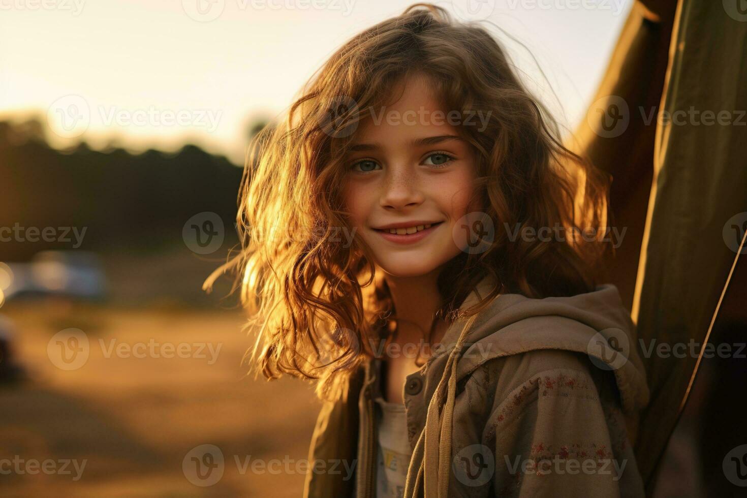 Portrait of cute little girl at camera while standing near camping tent at sunset AI generated photo