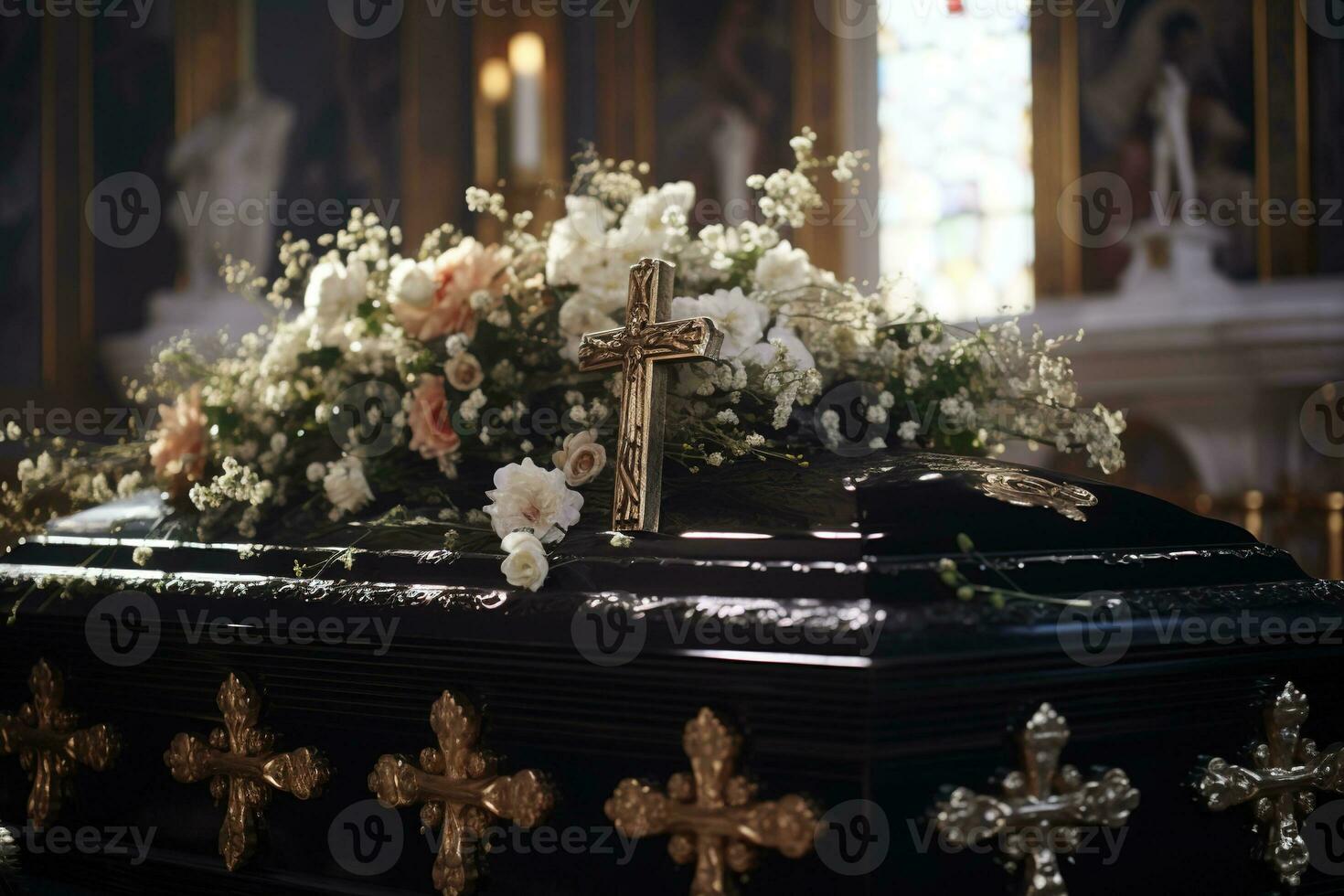 closeup shot of a casket in a hearse or chapel before funeral or burial at cemetery AI generated photo