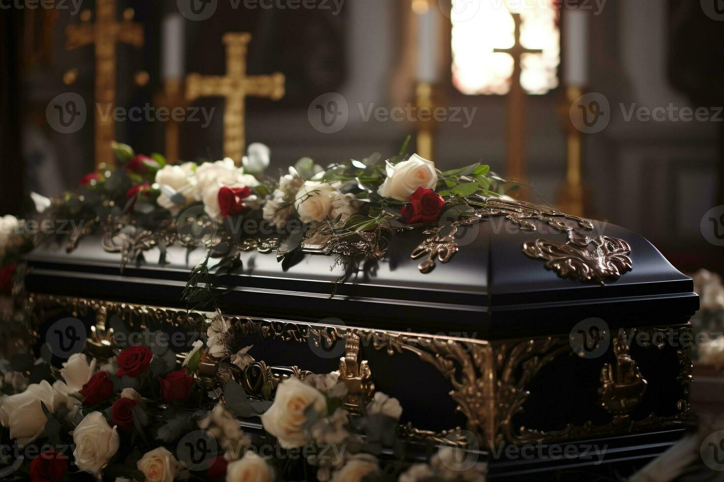 closeup shot of a casket in a hearse or chapel before funeral or burial at cemetery AI generated photo