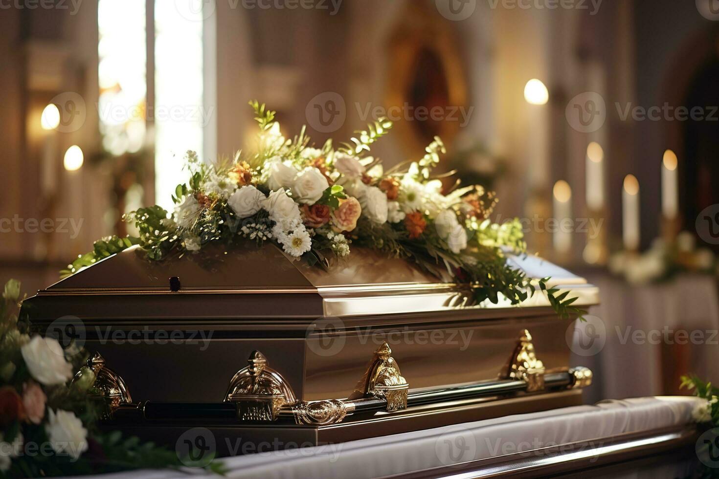 Beautiful flowers in a coffin at a funeral AI generated photo