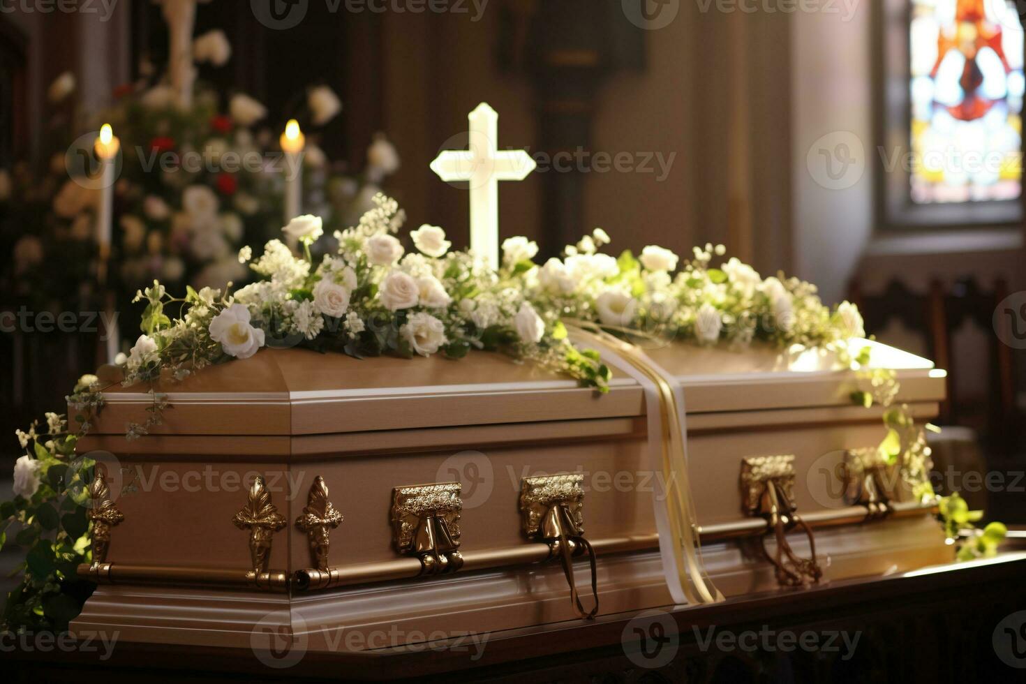 Beautiful flowers in a coffin at a funeral AI generated photo