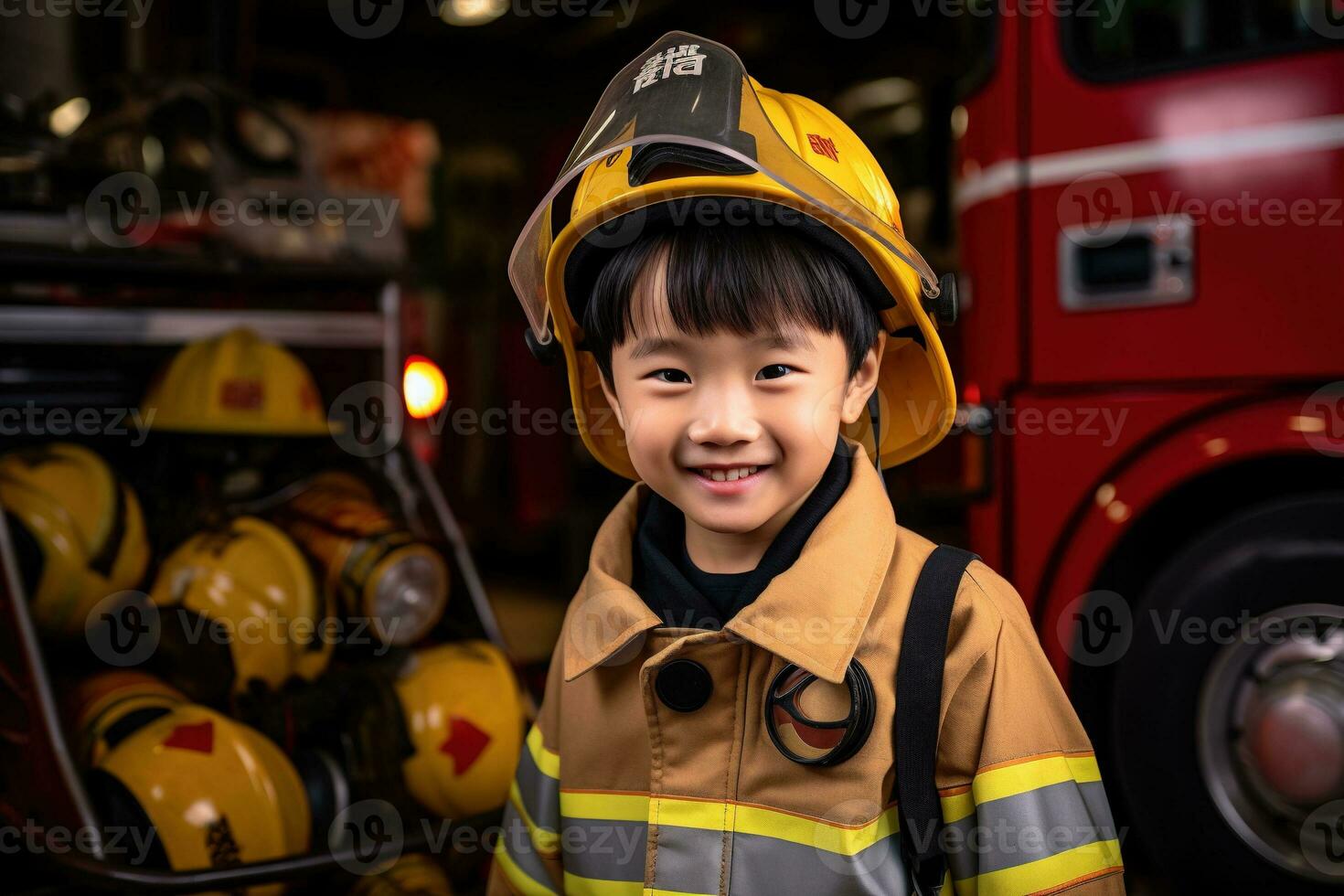 Portrait of cute little boy wearing firefighter uniform in the fire department AI generated photo