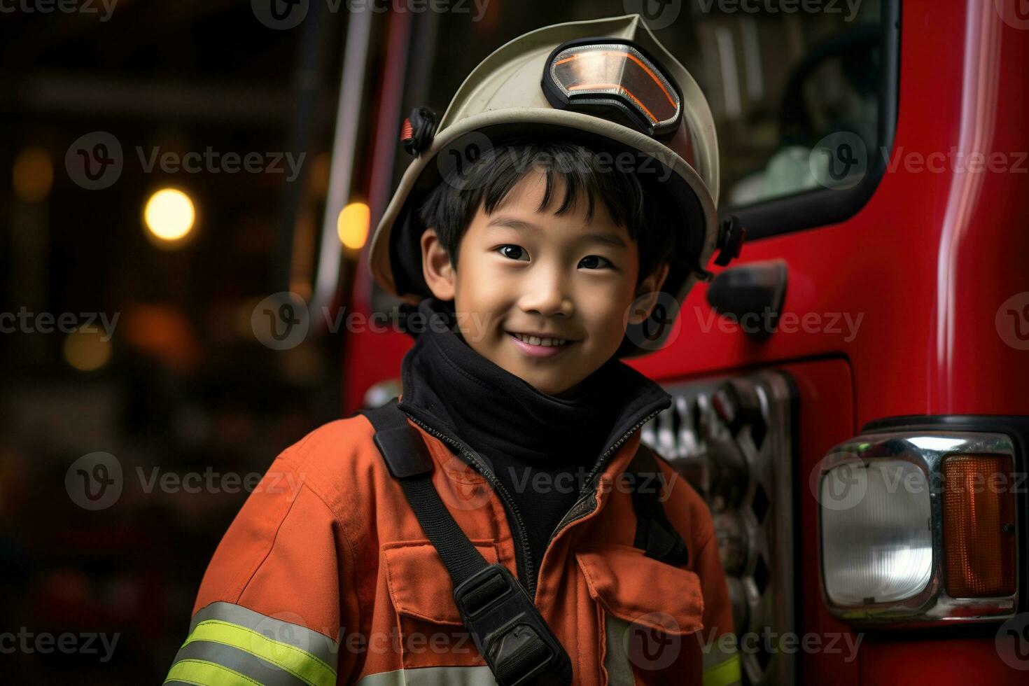 Portrait of cute little boy wearing firefighter uniform in the fire department AI generated photo