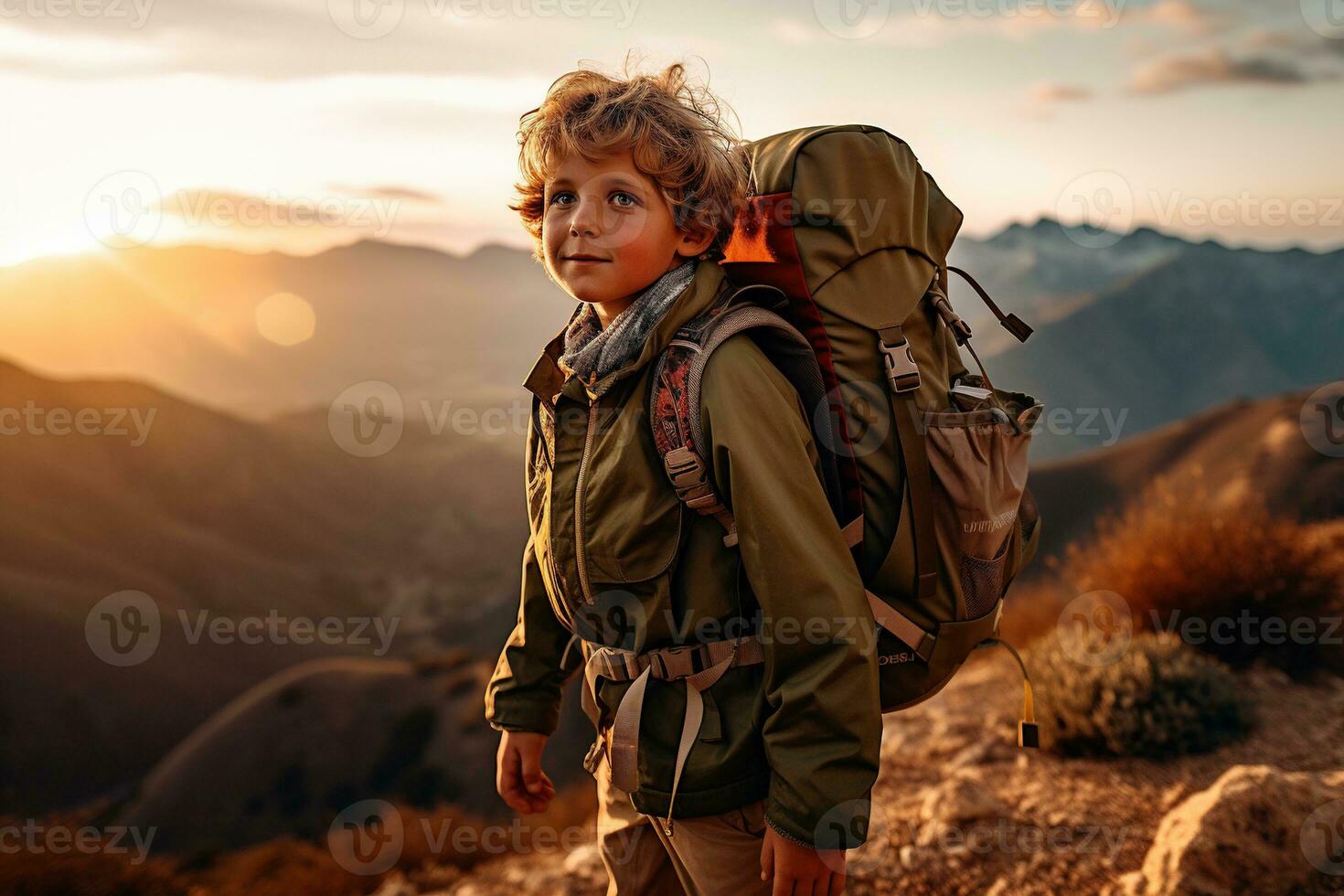 Adorable little boy with backpack hiking in mountains at sunset. Travel and active lifestyle concept AI generated photo