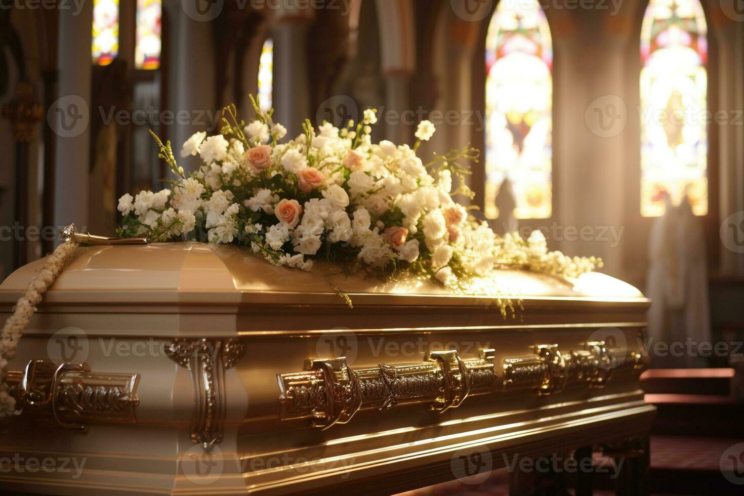 Beautiful flowers in a coffin at a funeral AI generated photo