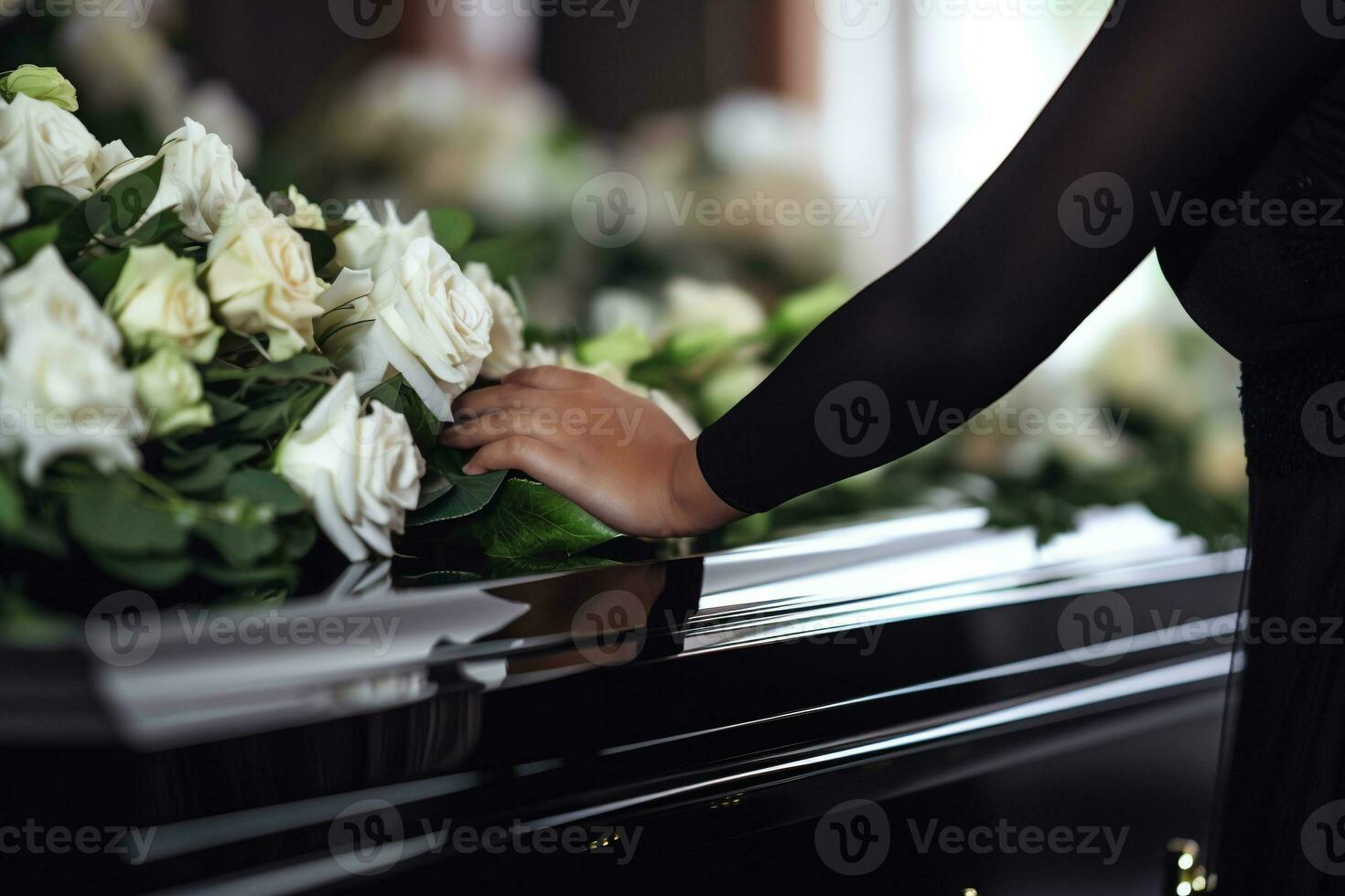 Closeup of a woman's hand placing a bouquet of white roses in a coffin.Funeral Concept AI generated photo