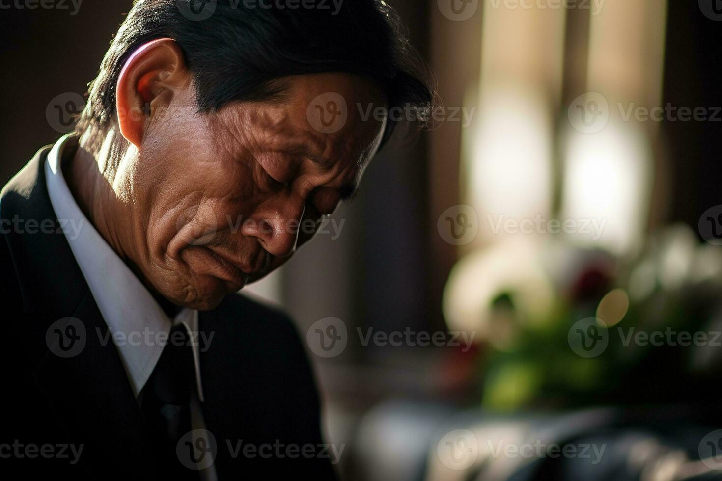 Elderly asian man with funeral sorrow and flowers in church AI generated photo