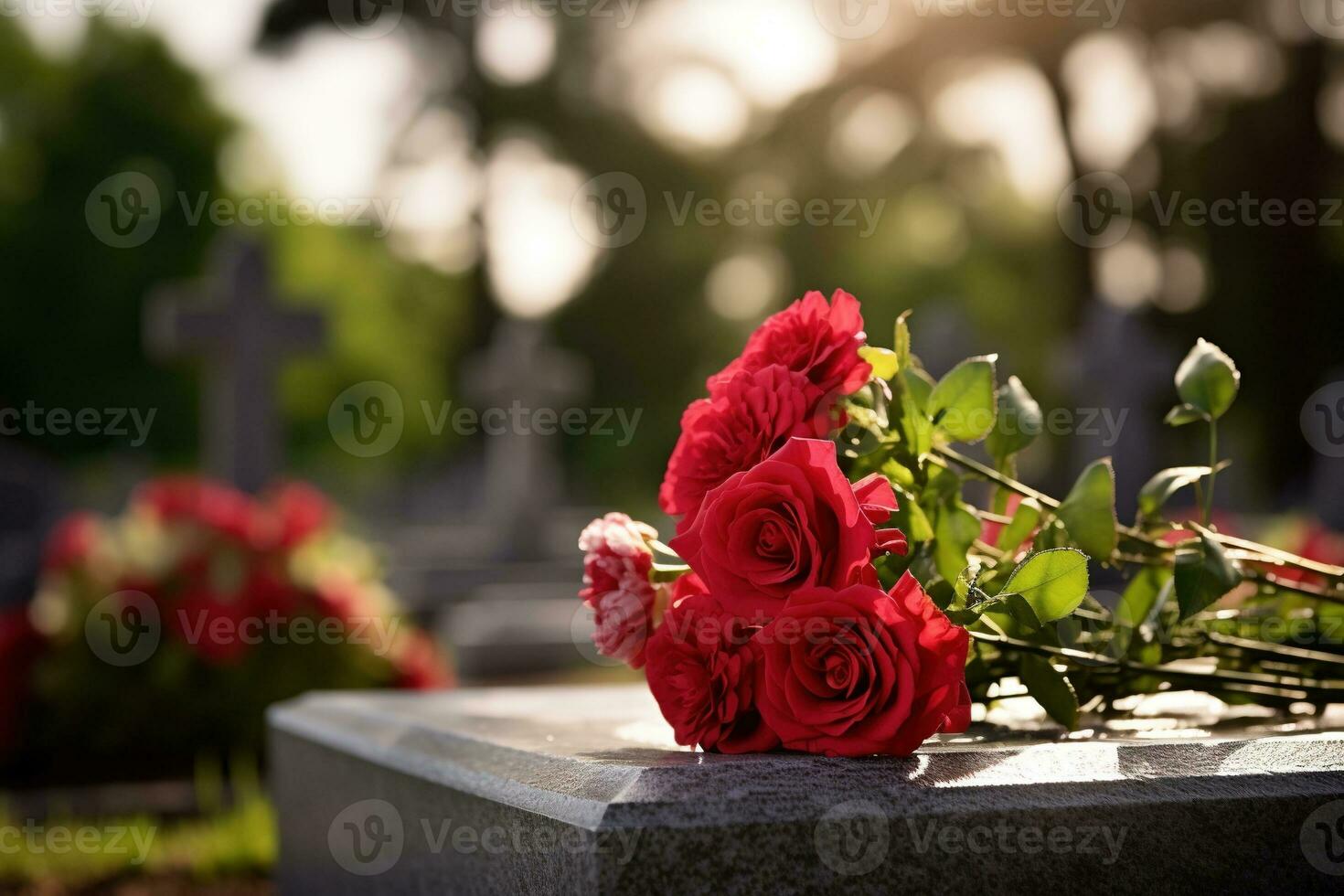 Red roses on a grave at a cemetery during the sunset with copy space AI generated photo