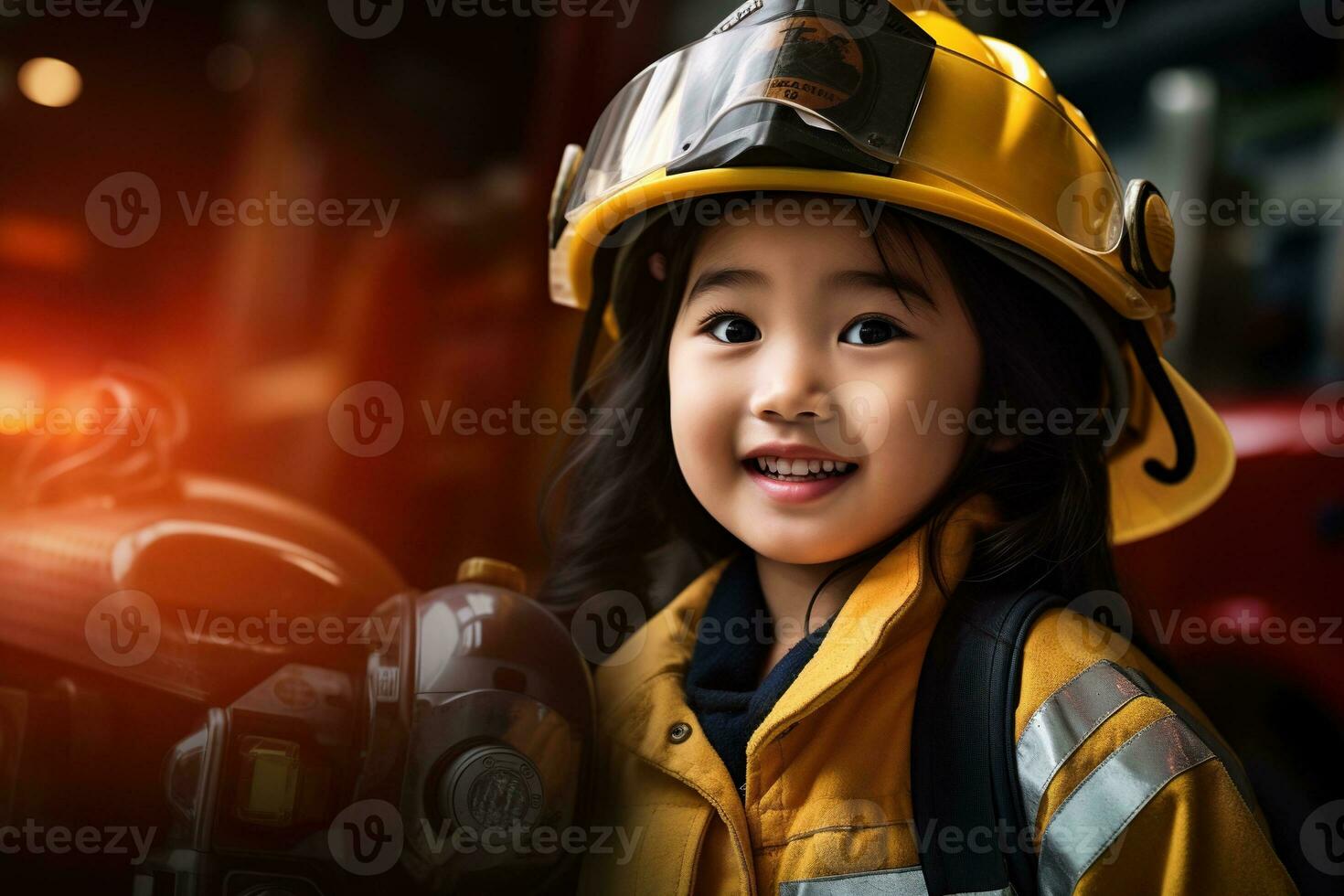 retrato de un linda pequeño asiático niña vistiendo un bombero uniforme ai generado foto