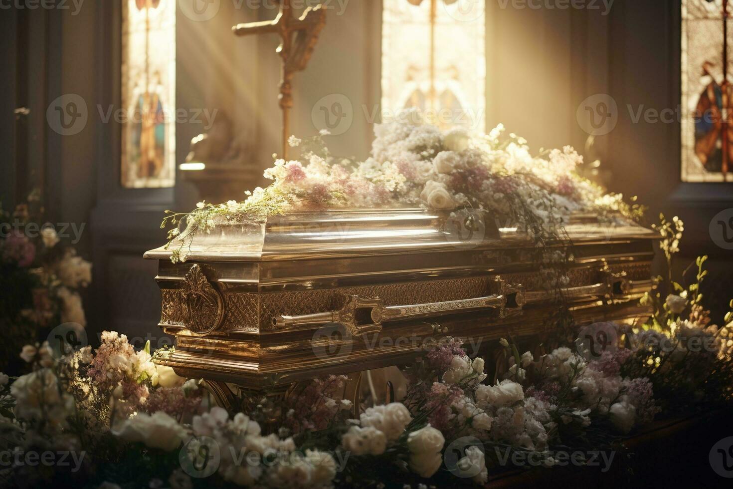 Beautiful flowers in a coffin at a funeral AI generated photo