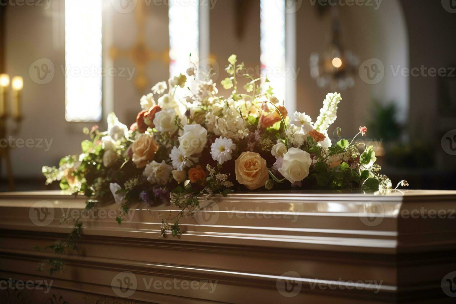 Beautiful flowers in a coffin at a funeral AI generated photo