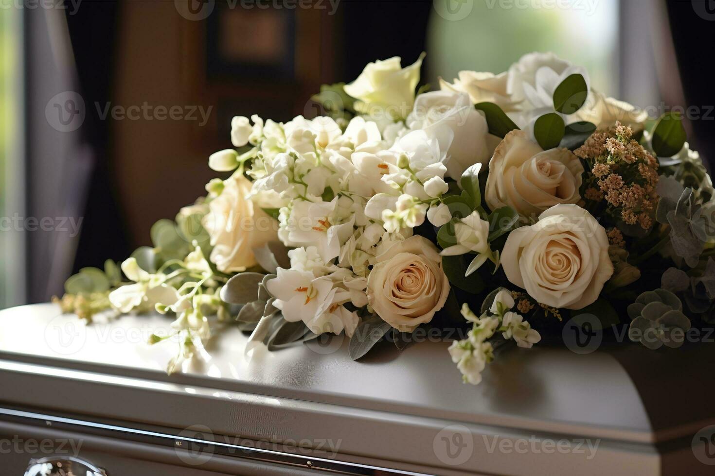 White coffin with flowers. The concept of funeral. AI generated photo