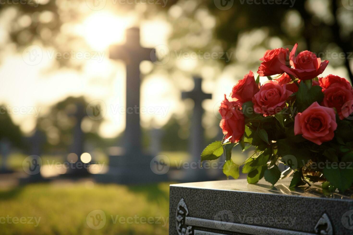 Red roses on a grave at a cemetery during the sunset with copy space AI generated photo