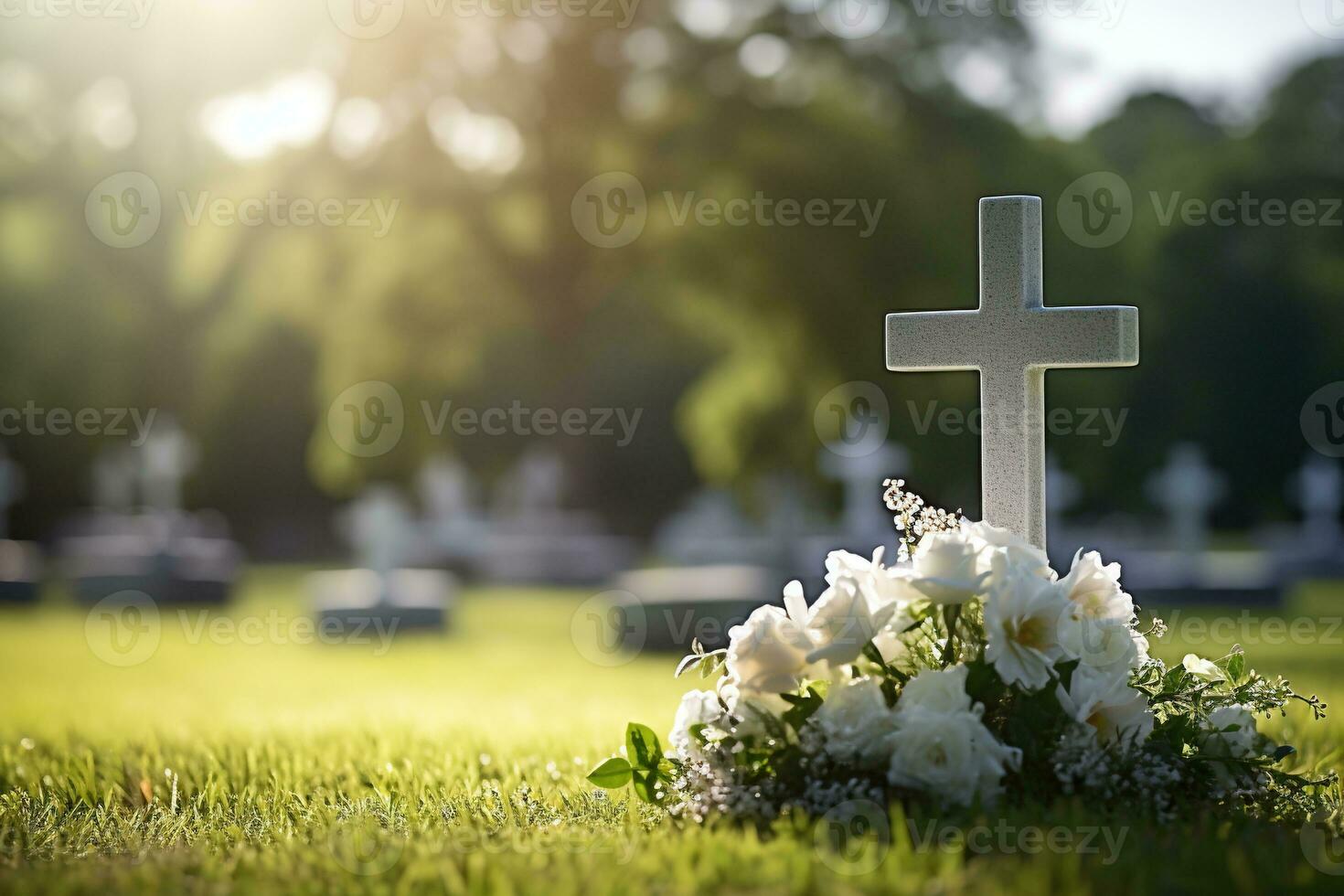 white flowers in front of a gravestone at a cemetery with sunset.Funeral Concept AI generated photo