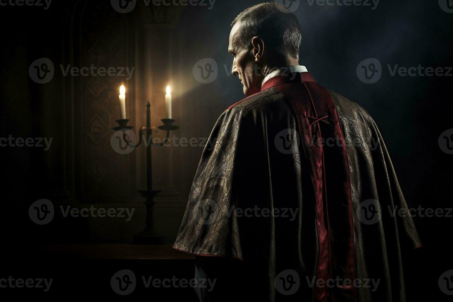 Rear view of priest looking at church interior. Religion concept. AI generated photo