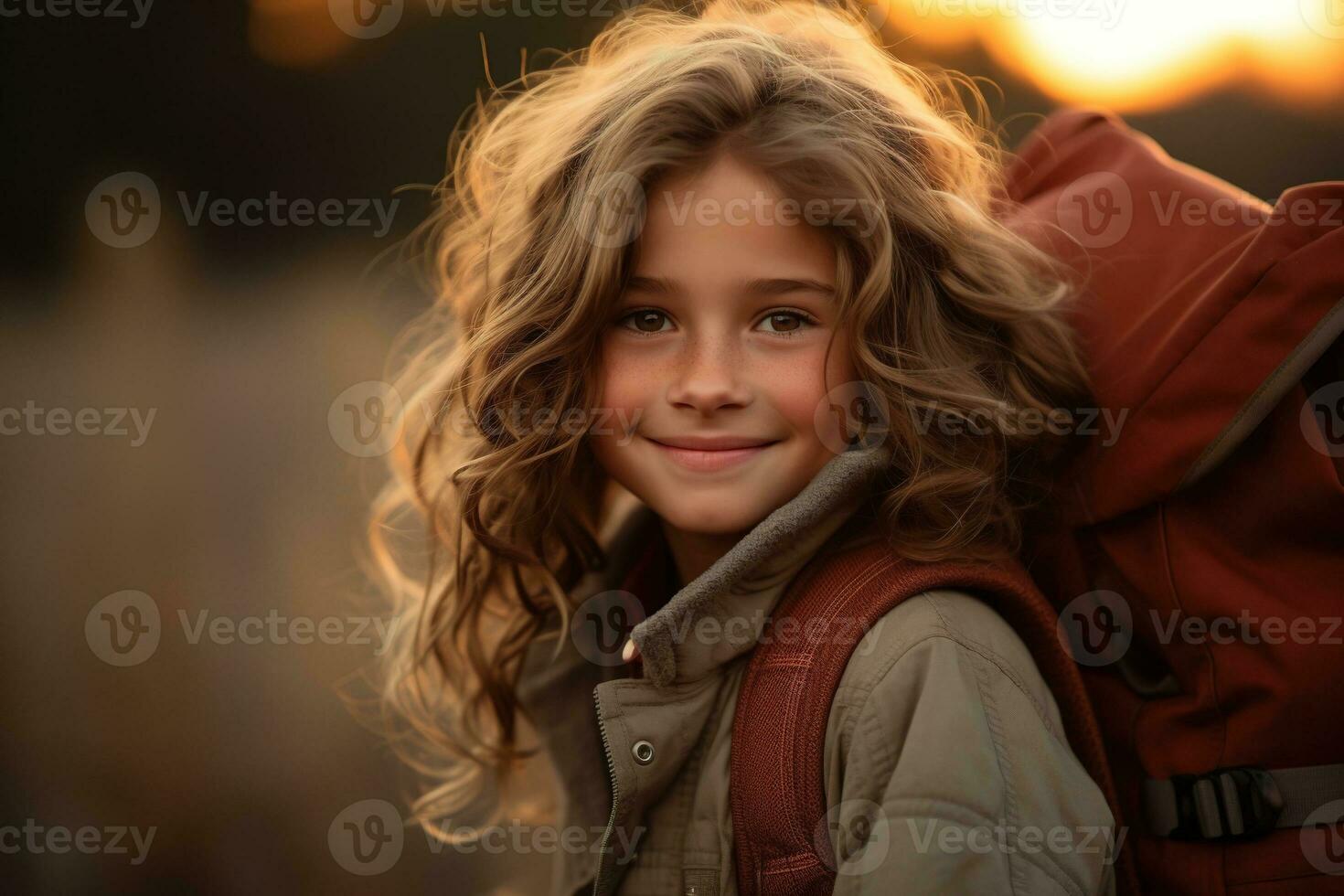 Portrait of cute little girl at camera while standing near camping tent at sunset AI generated photo