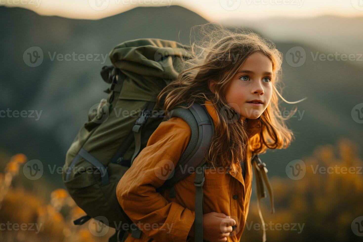 little girl with backpack hiking on mountain peak at sunset, travel and adventure concept AI generated photo