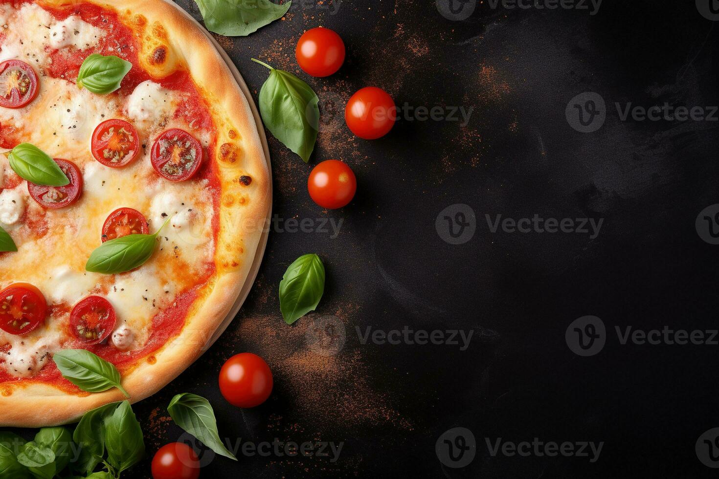 Pepperoni pizza on a Dark background. Top view with copy space. AI generated photo