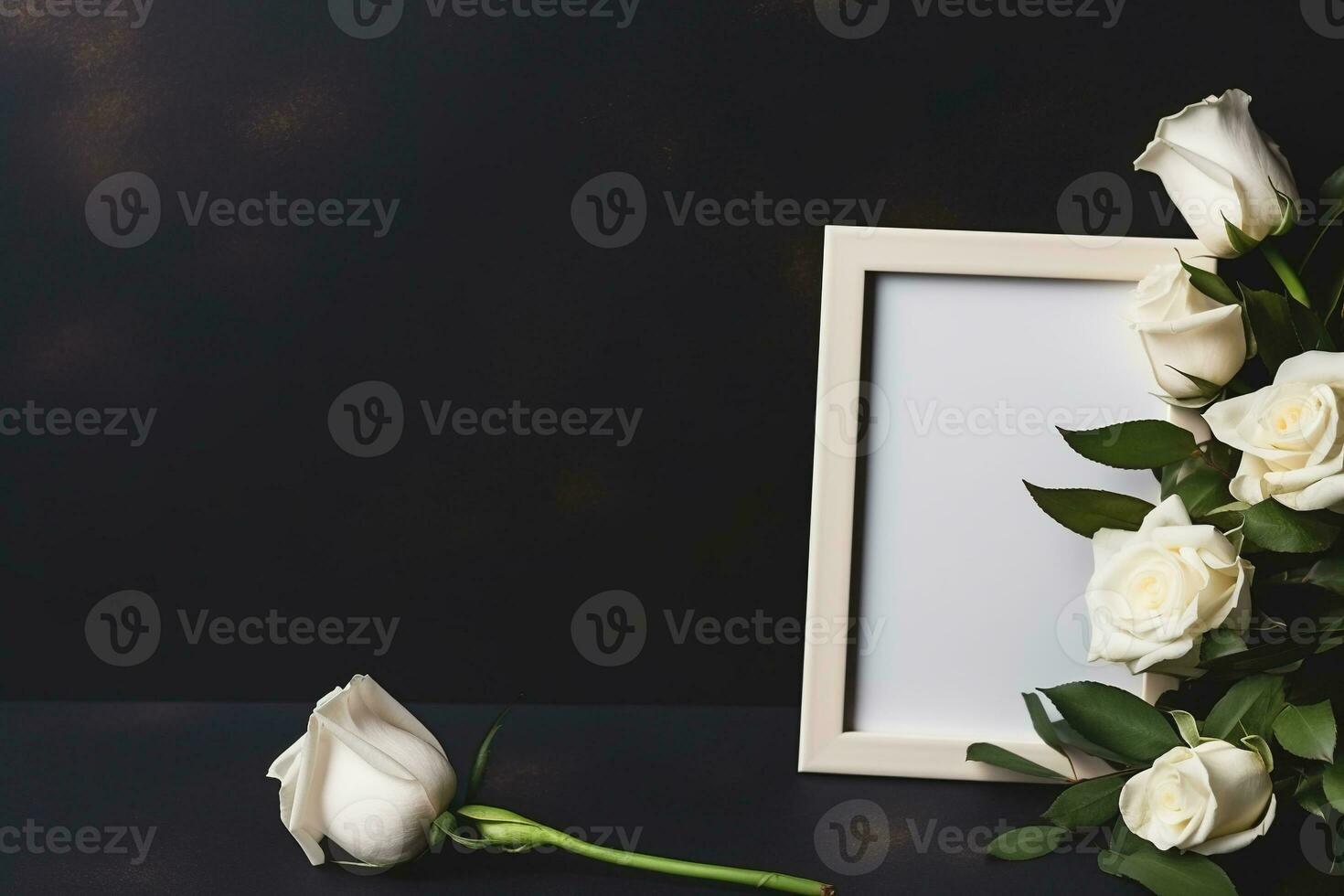 White roses with ribbon and photo frame on black background.Funeral Concept AI generated