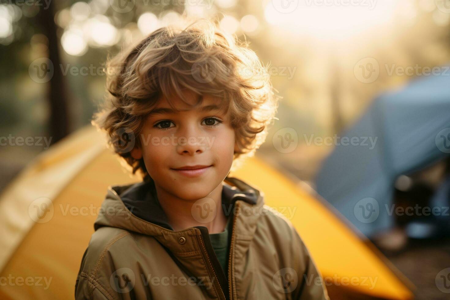 Portrait of a cute boy looking at camera while near his tent in nature AI generated photo