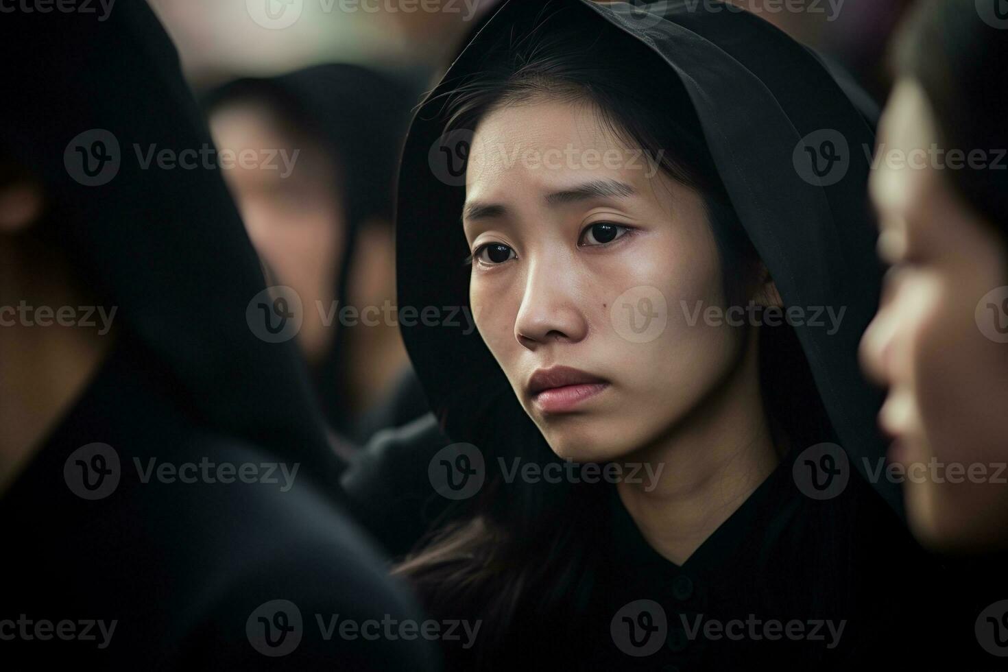 Asian woman in mourning at a funeral, shallow depth of field.Funeral Concept AI generated photo