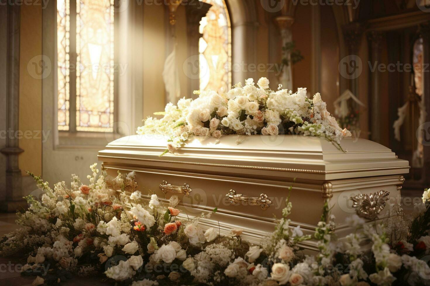 Beautiful flowers in a coffin at a funeral AI generated photo