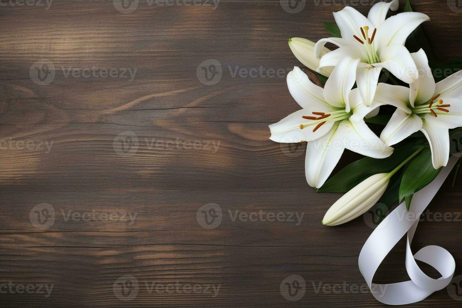 White lily flowers on wooden background. Top view with copy space.Funeral Concept AI generated photo