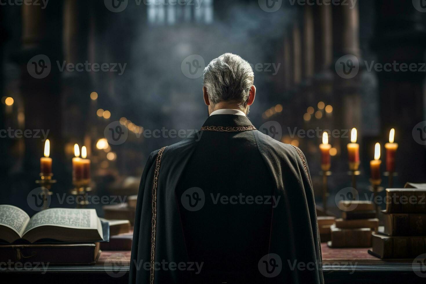 posterior ver de sacerdote mirando a Iglesia interior. religión concepto. ai generado foto