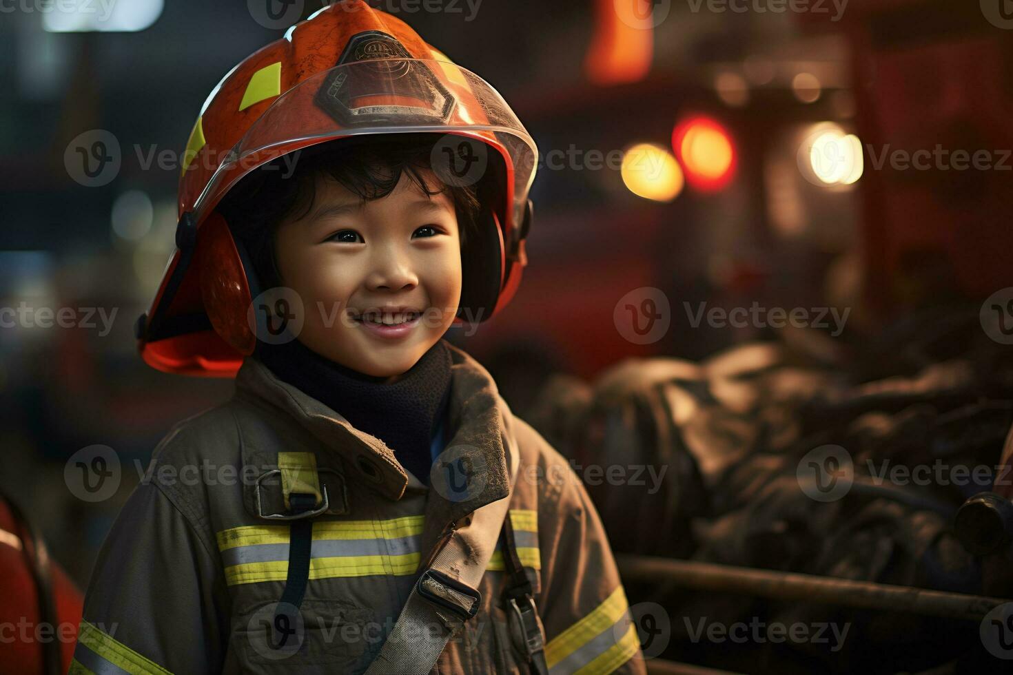 Portrait of cute little boy wearing firefighter uniform in the fire department AI generated photo