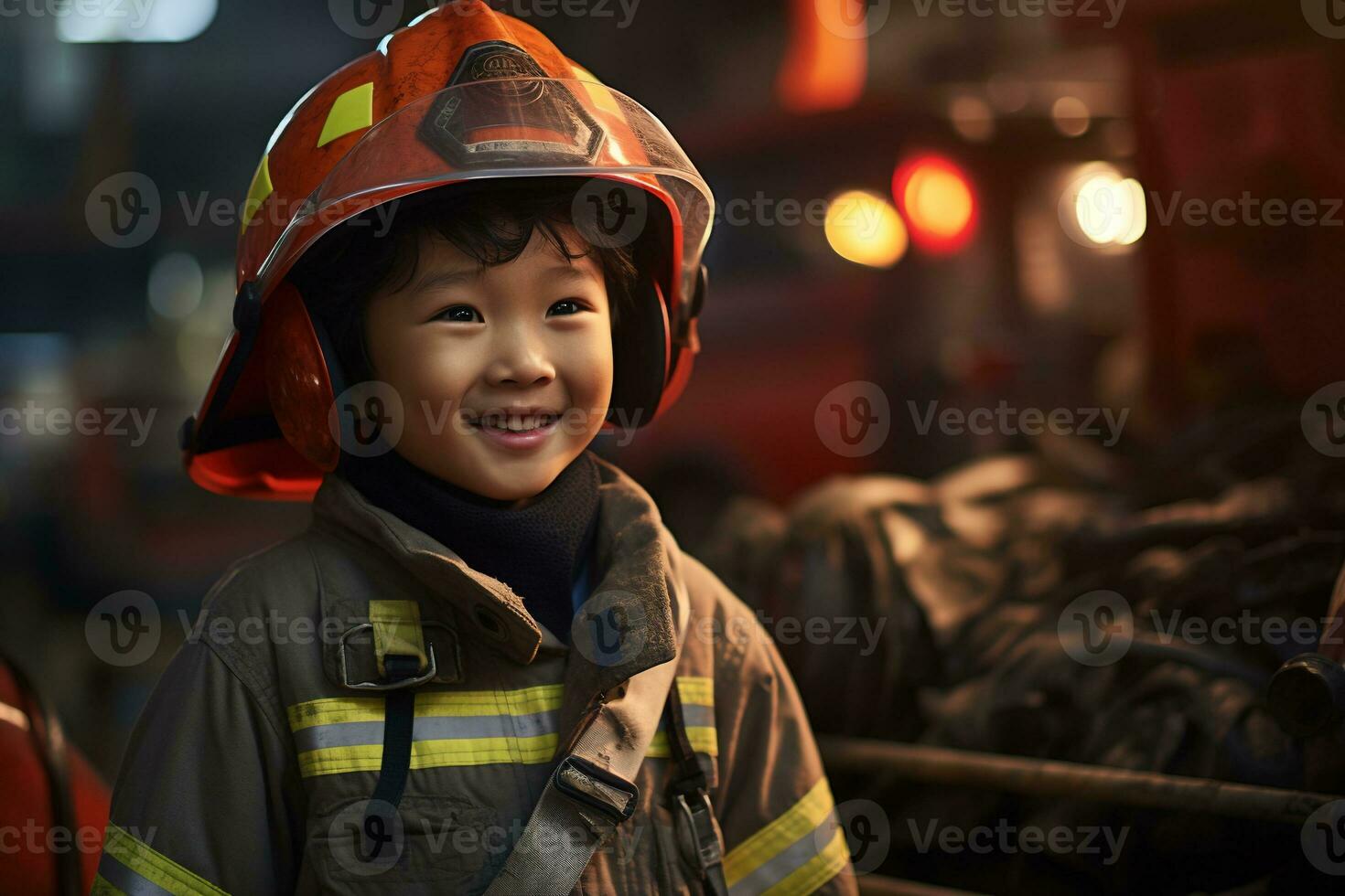 Portrait of cute little boy wearing firefighter uniform in the fire department AI generated photo