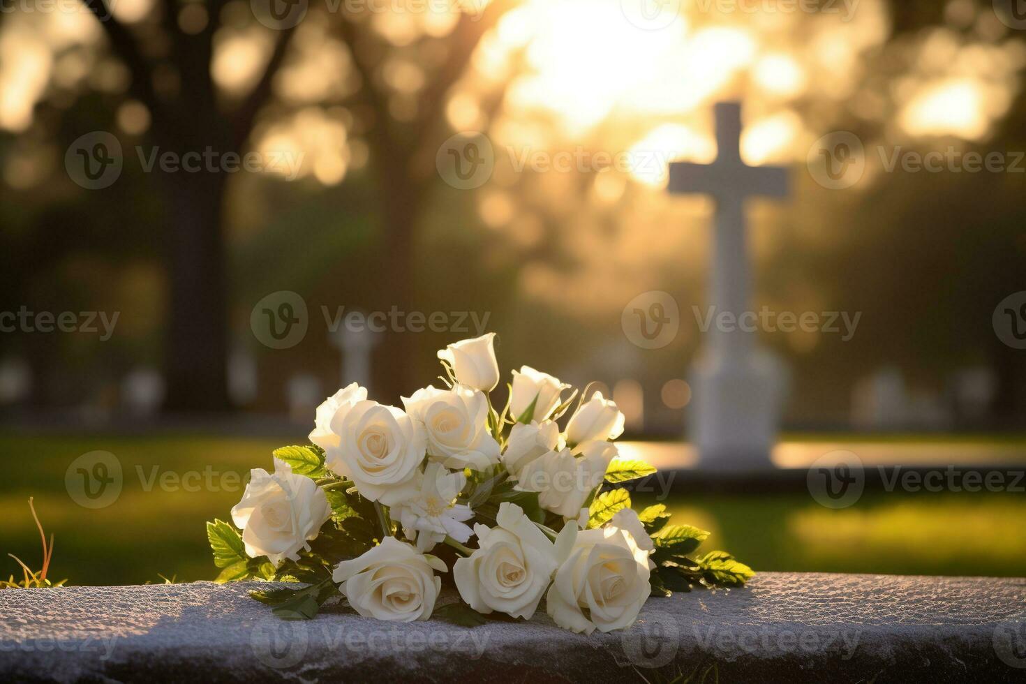 white flowers in front of a gravestone at a cemetery with sunset.Funeral Concept AI generated photo