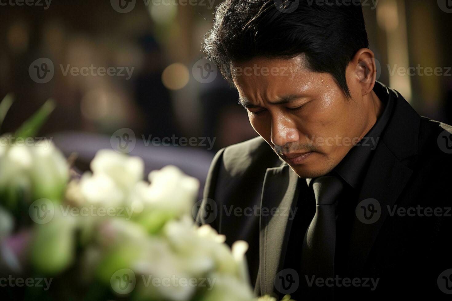 Elderly asian man with funeral sorrow and flowers in church AI generated photo