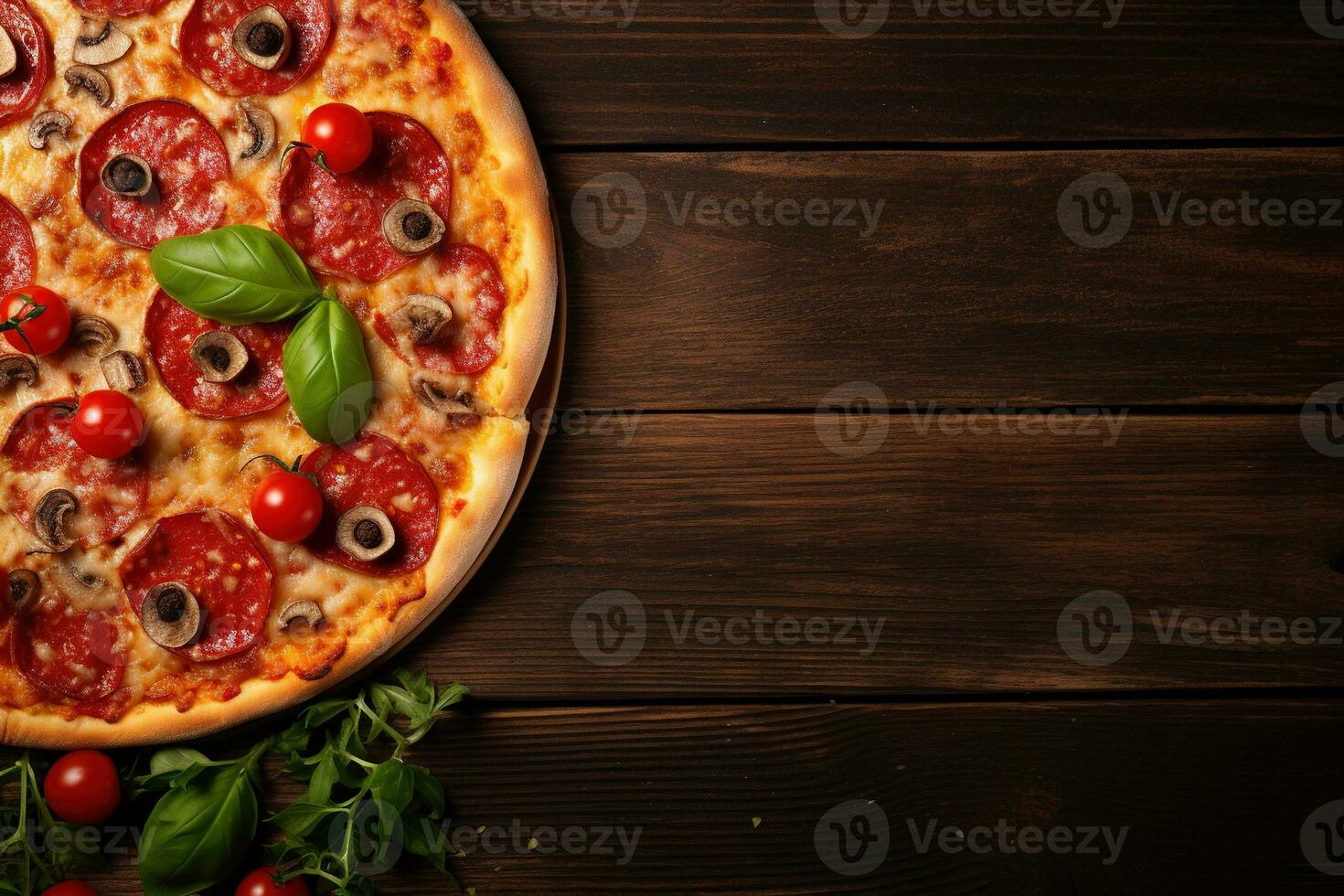 Pepperoni pizza on a Dark background. Top view with copy space. AI generated photo