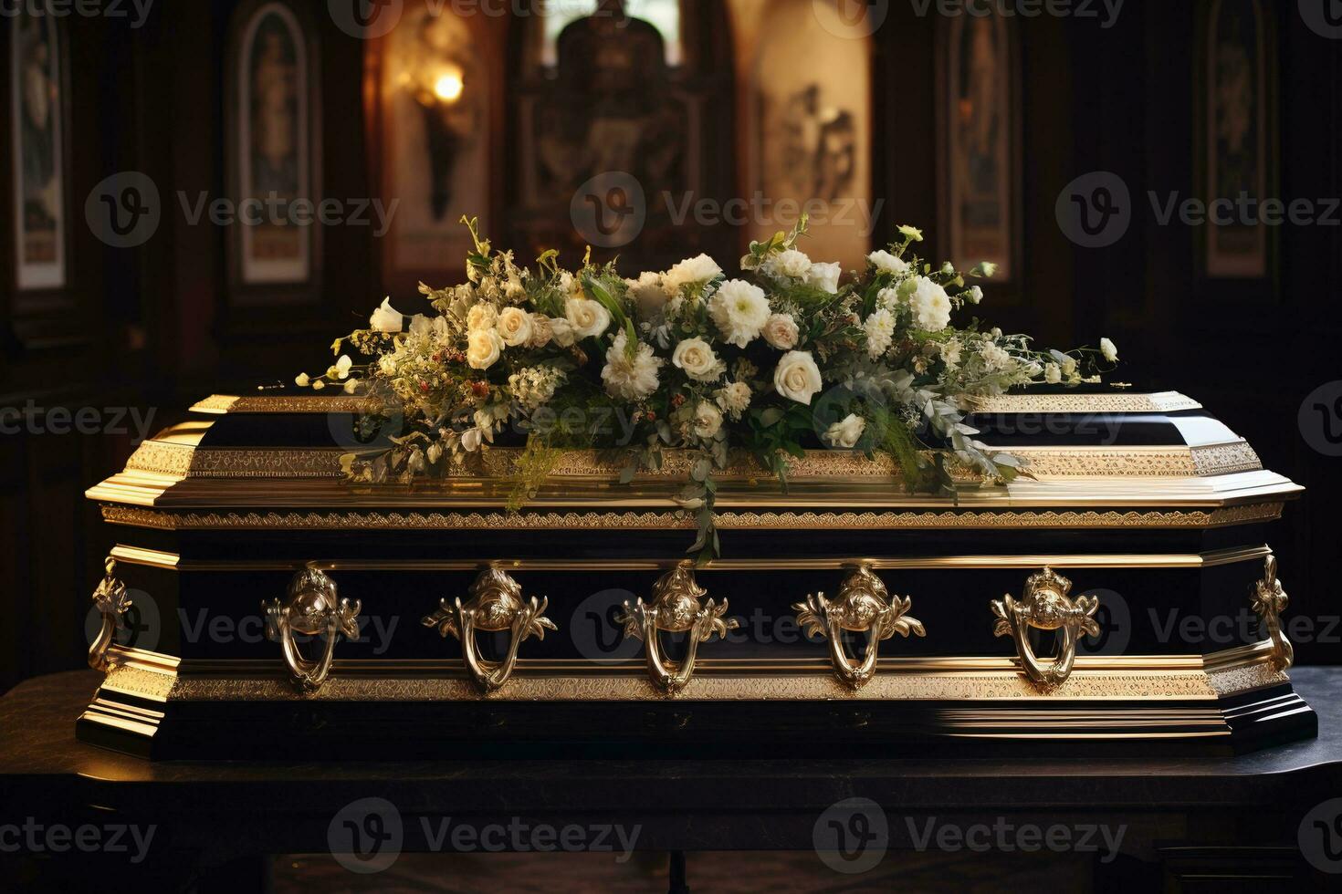 closeup shot of a casket in a hearse or chapel before funeral or burial at cemetery AI generated photo