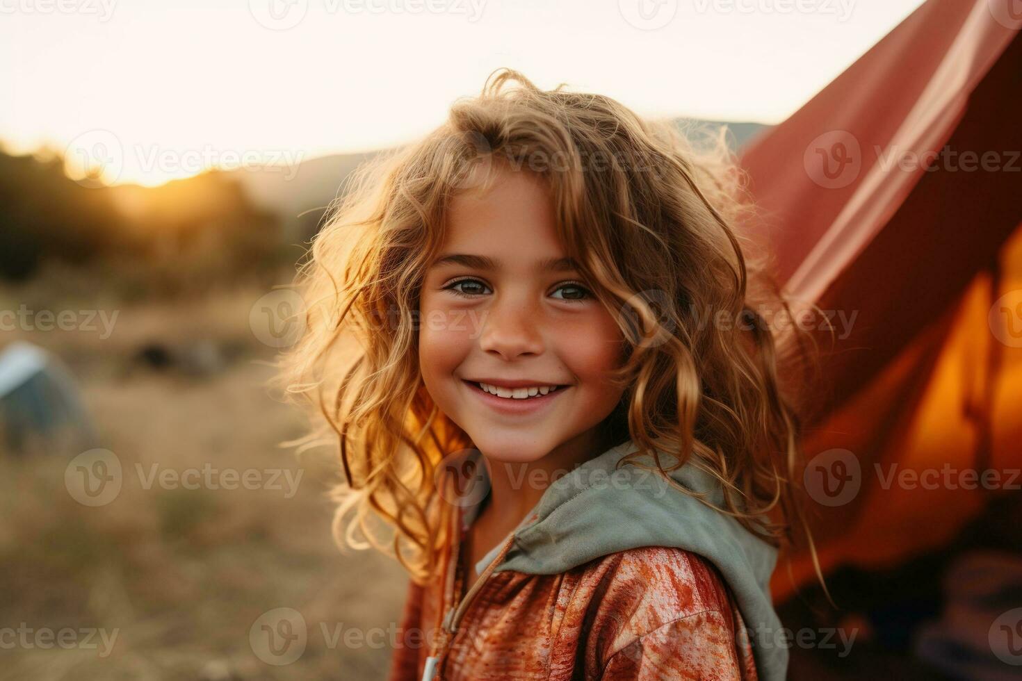 Portrait of cute little girl at camera while standing near camping tent at sunset AI generated photo