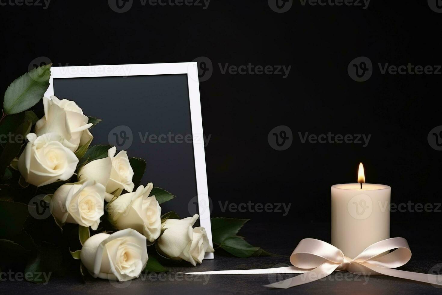 White roses with ribbon and photo frame on black background.Funeral Concept AI generated