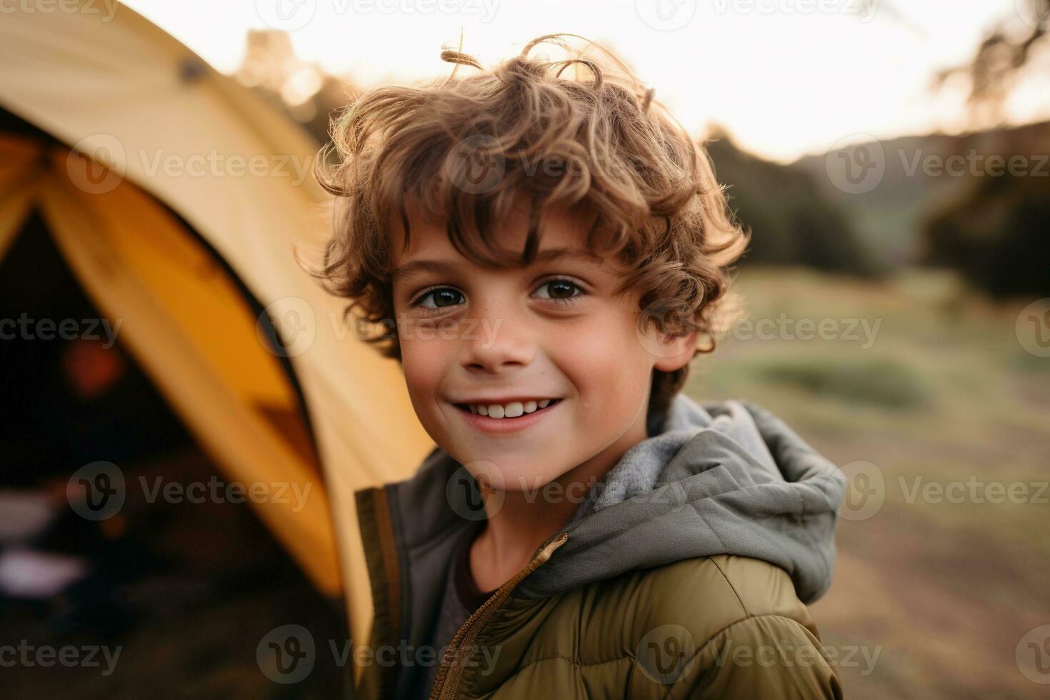 Portrait of a cute boy looking at camera while near his tent in nature AI generated photo