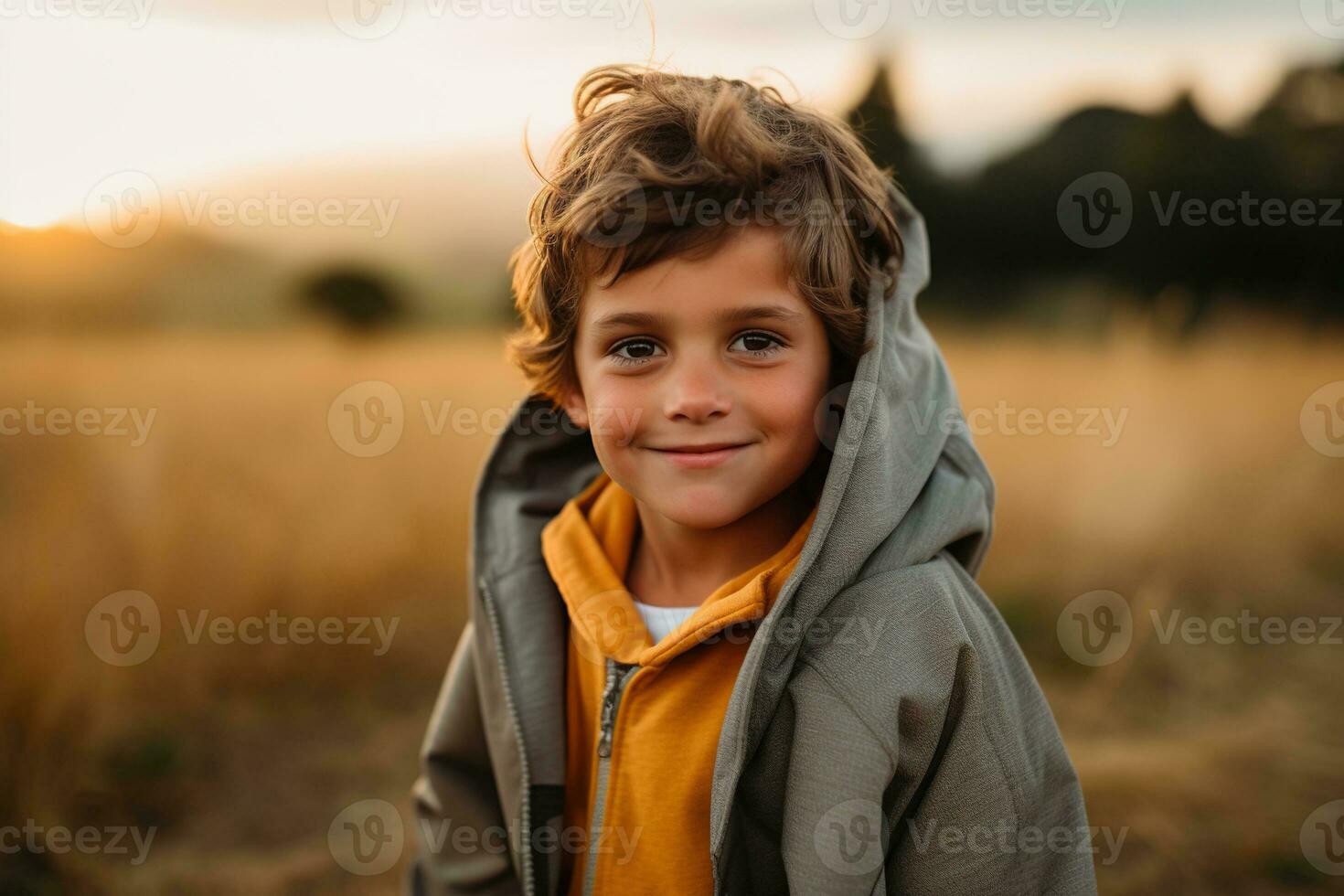 retrato de un linda chico mirando a cámara mientras cerca su tienda en naturaleza ai generado foto