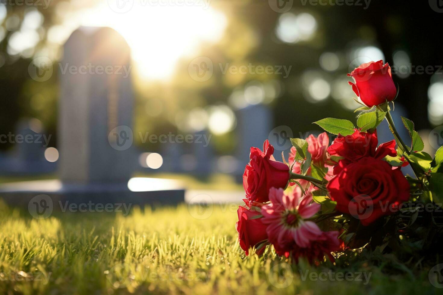 Red roses on a grave at a cemetery during the sunset with copy space AI generated photo