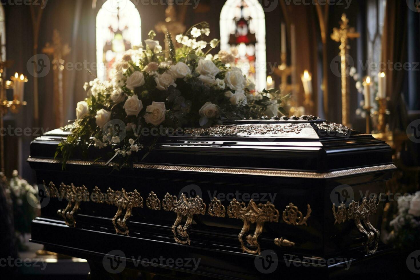 closeup shot of a casket in a hearse or chapel before funeral or burial at cemetery AI generated photo