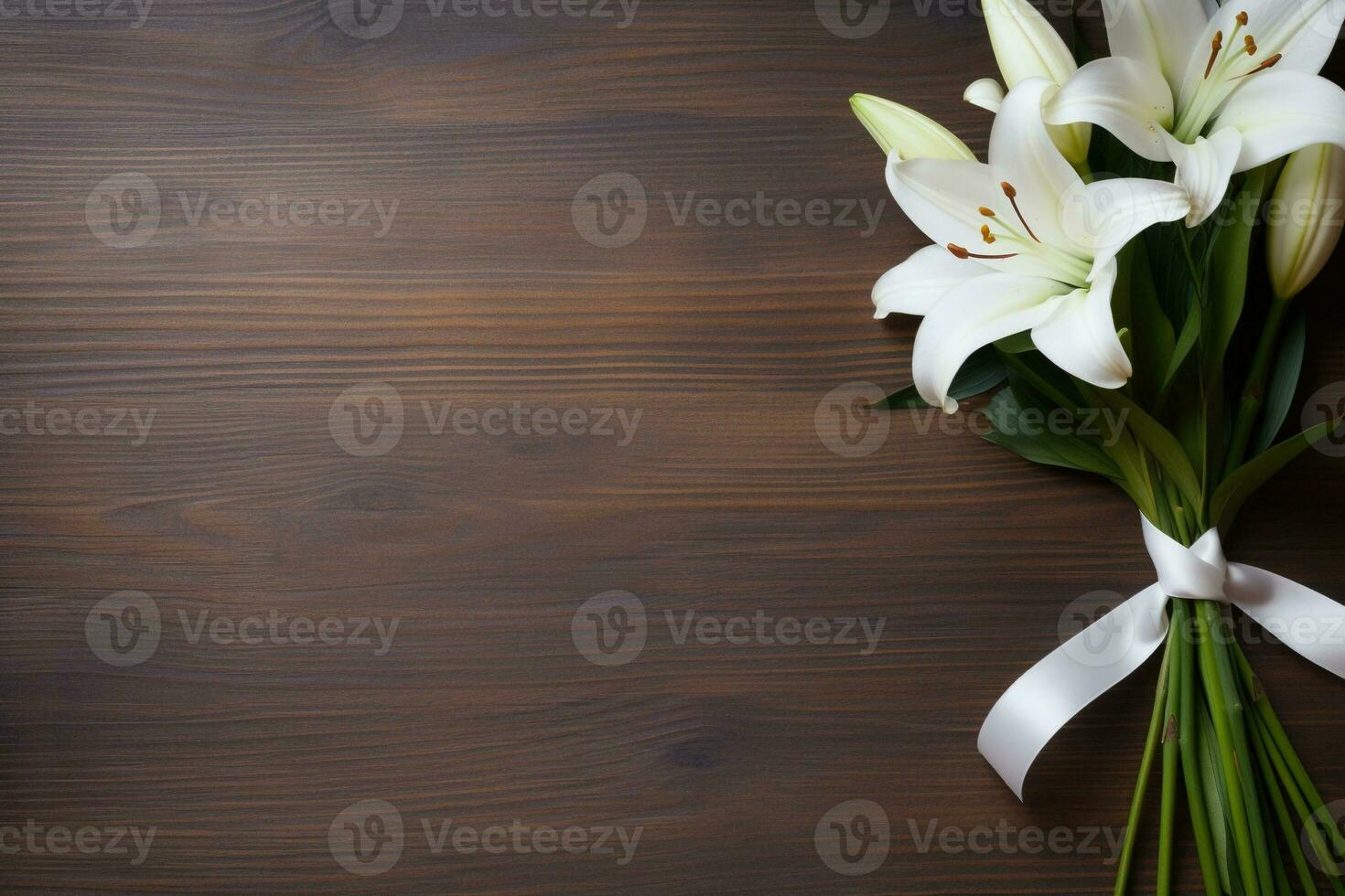 White lily flowers on wooden background. Top view with copy space.Funeral Concept AI generated photo