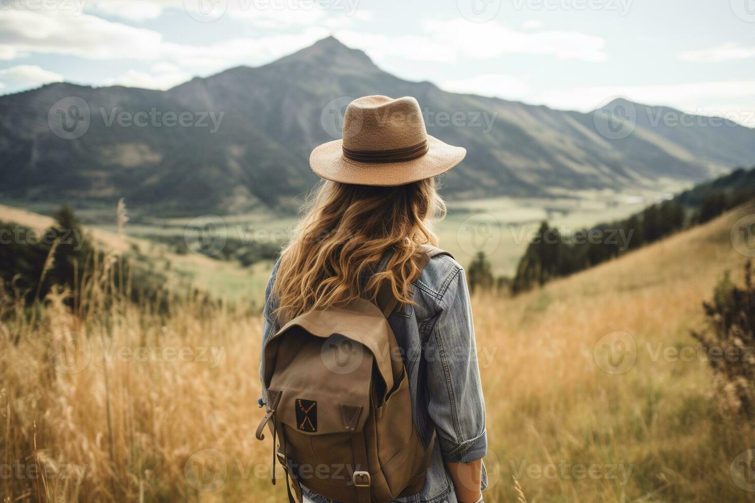Young woman with backpack hiking in the mountains. Travel and adventure concept. AI generated photo